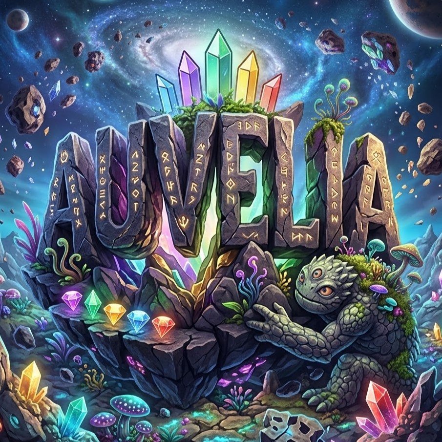 Auvelia: the name carved in rune-covered stone, with five crystals above and a moss-covered stone creature below